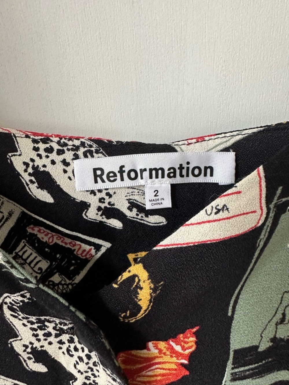 Reformation Black Postcard-Print Midi Slip Dress with Red and Green Accents - Picture 7 of 8